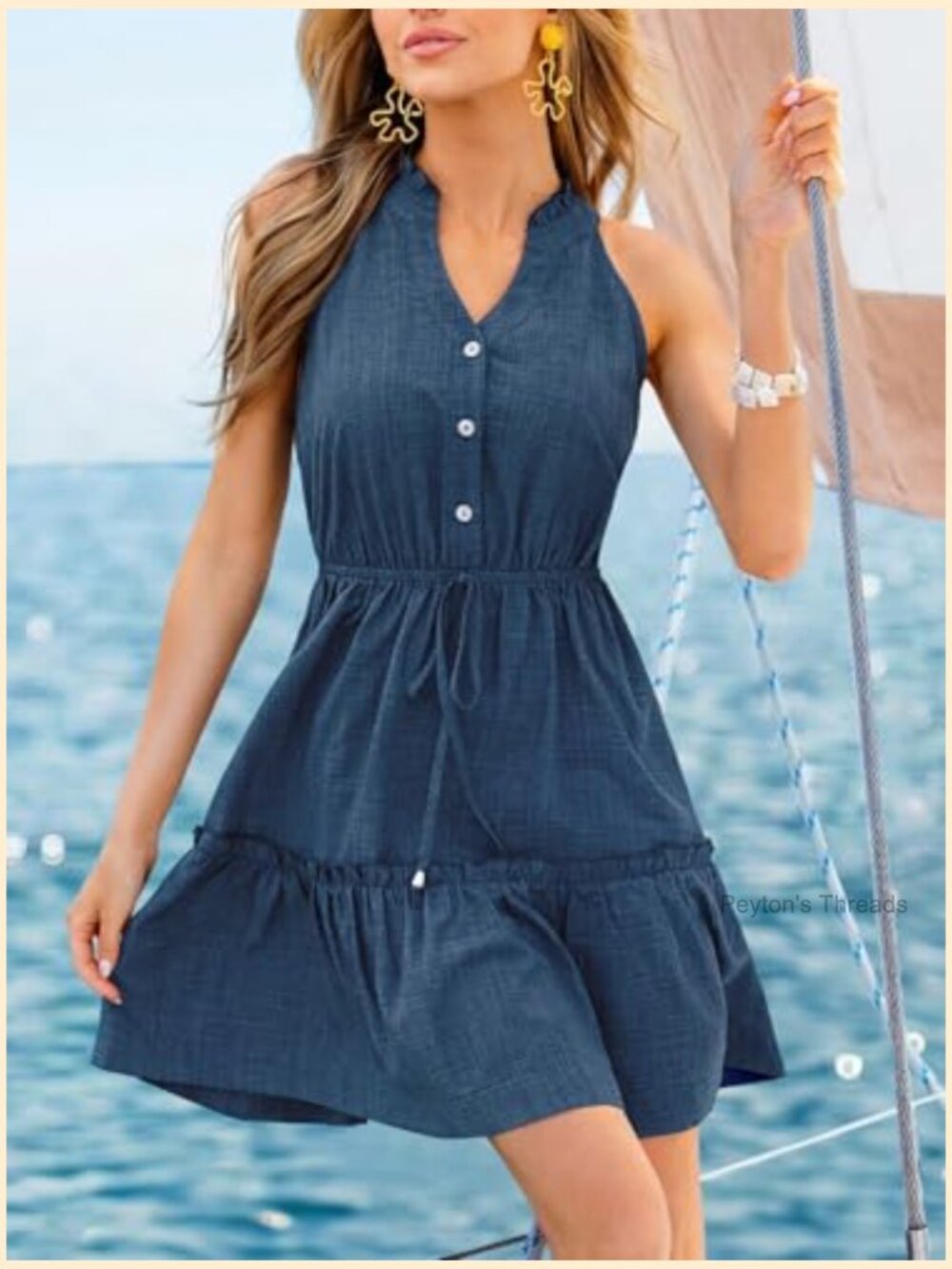 CUPSHE Women's Tie Dye Notched Neck Button Sleeveless Belted Mini Dress - Picture 5 of 5